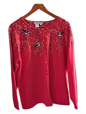 Y2K RED CARDIGAN SWEATER BIRDS & BRANCH EMBROIDERY COTTAGECORE FAIRYCORE 1X